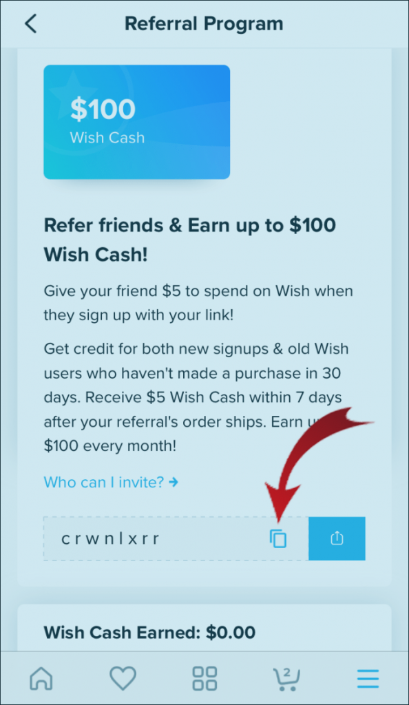 comment parrainer un ami sur Wish depuis un mobile