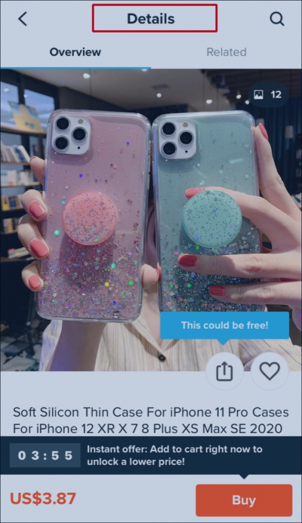 recherche d'un produit sur Wish depuis un iphone