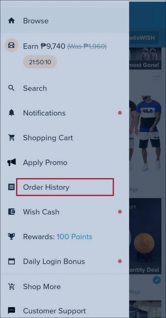 comment supprimer l'historique des commandes Wish